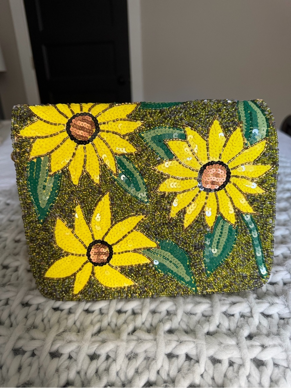 Beaded Floral Clutch - Yellow Sunflower Design